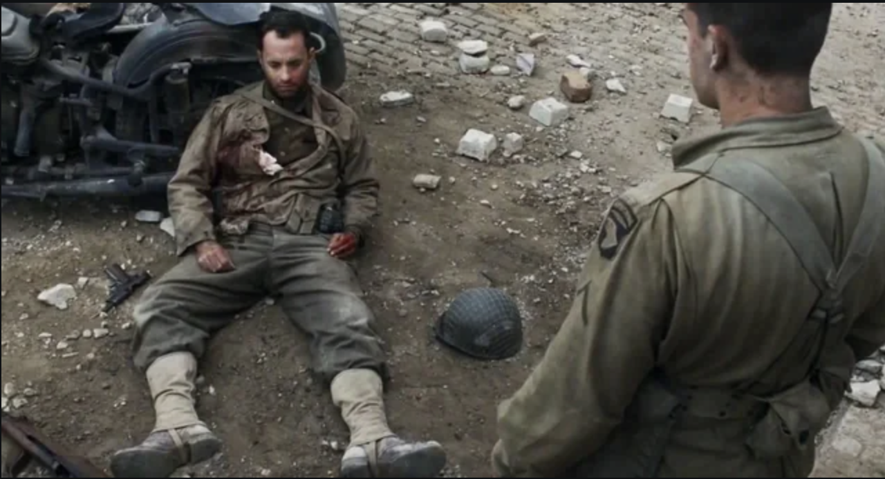 Captain Miller experiencing PTSD symptoms during combat